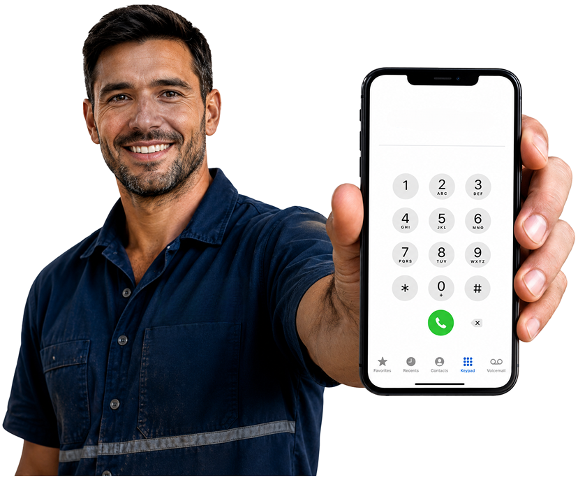 Oakville Blocked Drains plumber holding a phone — call 1300 261 965