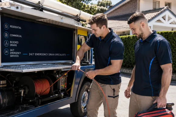 Two plumbers working on a blocked drain in Oakville