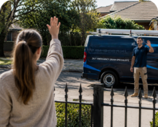Customer waving goodbye to a Oakville Blocked Drains plumber
