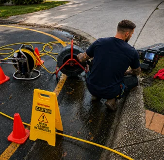 Burst drain pipe being repaired in Oakville